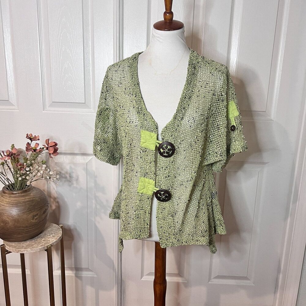Kaktus Womens Green Net Lagenlook Asymmetric‎ Sheer Top Sz S Boho Hippie Artsy